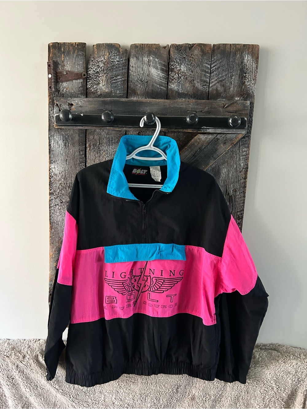 Men's Vintage Lightning Bolt Colorblock Pullover - Black, Hot Pink & Teal